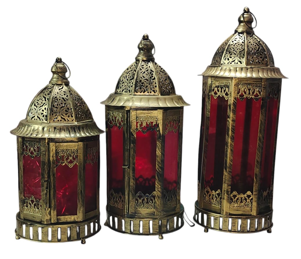 Moroccan Style Decorative Metal Lantern with Red Glass - Image 4
